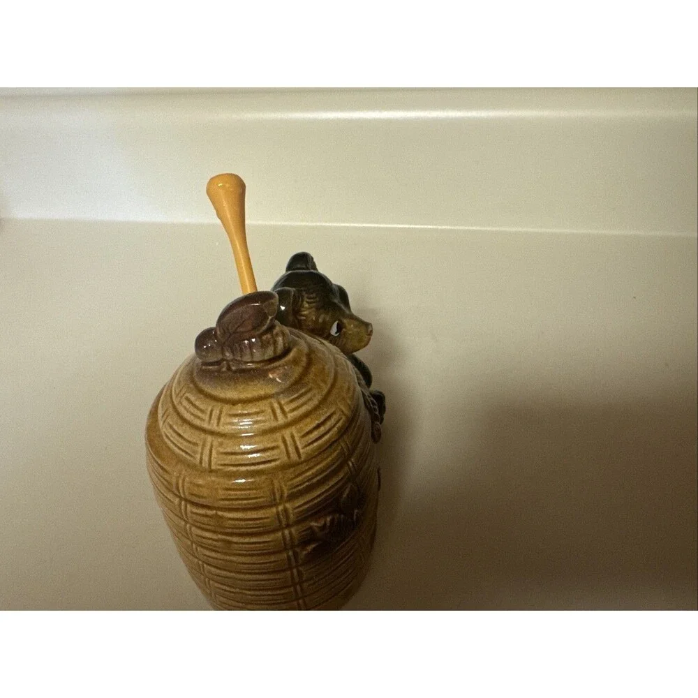 Honey Pot Bear & Bee Hive Armbee Japan with stir stick Vtg Retro Kitchen Decor